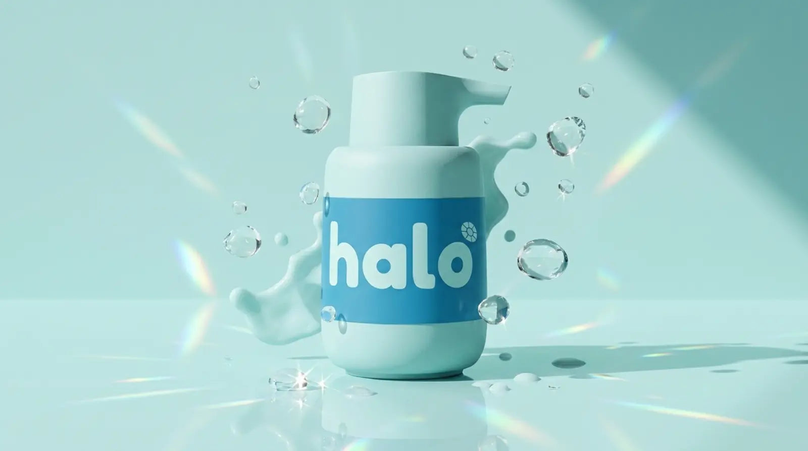 the halo bottle in a burst of water droplets and prismatic light